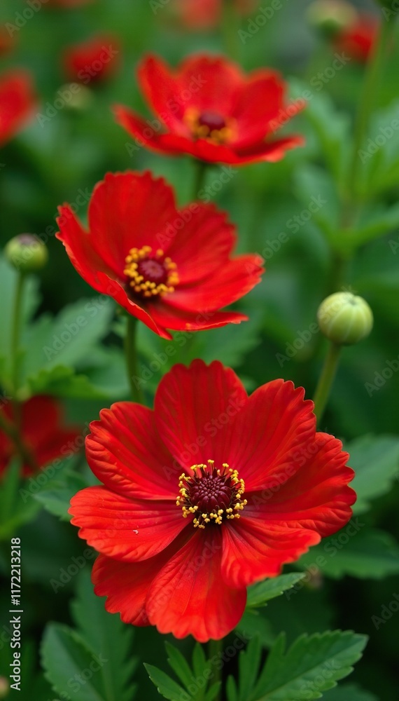 Macro shot of red Campsis flowers with details on the green leaves surrounding them, green, nature, botany Macro shot of red Campsis flowers with details on the green leaves surrounding them, green, nature, botany