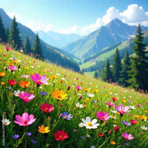 Colorful wildflowers thrive in a mountain meadow during the warm summer months, summer, sunlight