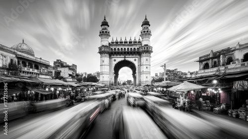 stunning black and white photo of Charminar monument, showcasing bustling market scene with blurred motion of vehicles and people, capturing vibrant life of Hyderabad