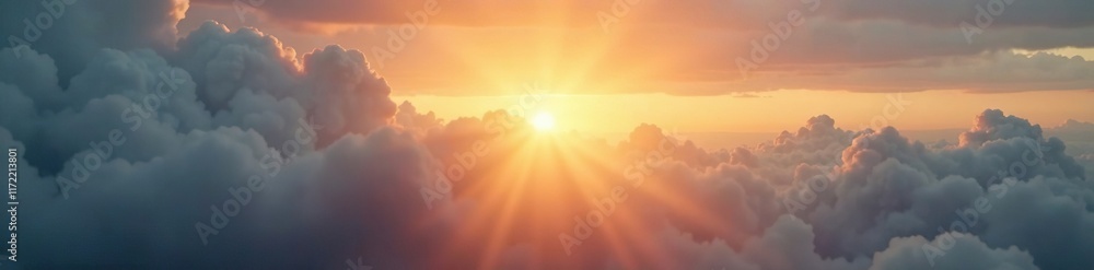 Fototapeta premium Morning sun shining through a gap in layered clouds, gentle glow, , sunlight