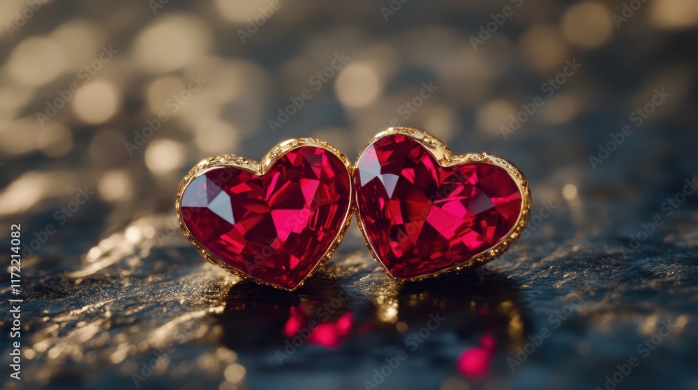 A dazzling pair of red heart-shaped earrings glistens on a smooth surface, embodying love and romance, perfect for Valentine's Day gifting. A dazzling pair of red heart-shaped earrings glistens on a smooth surface, embodying love and romance, perfect for Valentine's Day gifting.