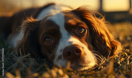 Sleepy dog in golden light, resting outdoors photo