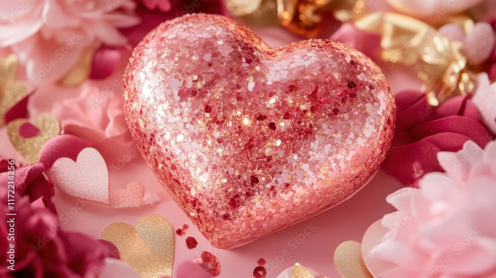 A sparkling heart-shaped box, adorned with glitter, is beautifully nestled among vibrant flowers, radiating love and joy for Valentine's Day. A sparkling heart-shaped box, adorned with glitter, is beautifully nestled among vibrant flowers, radiating love and joy for Valentine's Day.