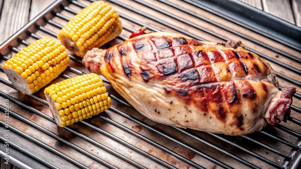 Overhead shot: juicy grilled chicken breasts alongside charred corn cobs, BBQ grill background. Overhead shot: juicy grilled chicken breasts alongside charred corn cobs, BBQ grill background.