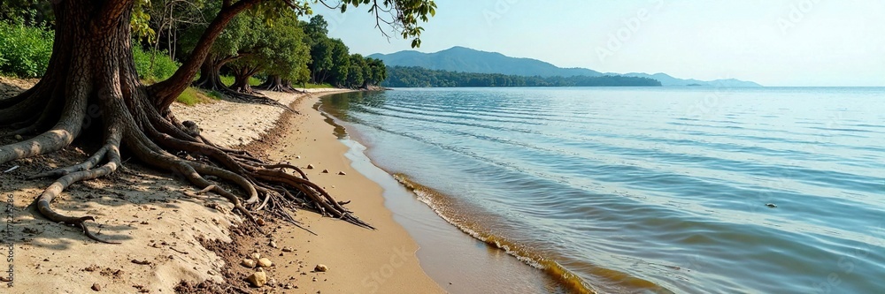Dry lake shore with exposed roots and decaying wood, sedimentation, barren land Dry lake shore with exposed roots and decaying wood, sedimentation, barren land