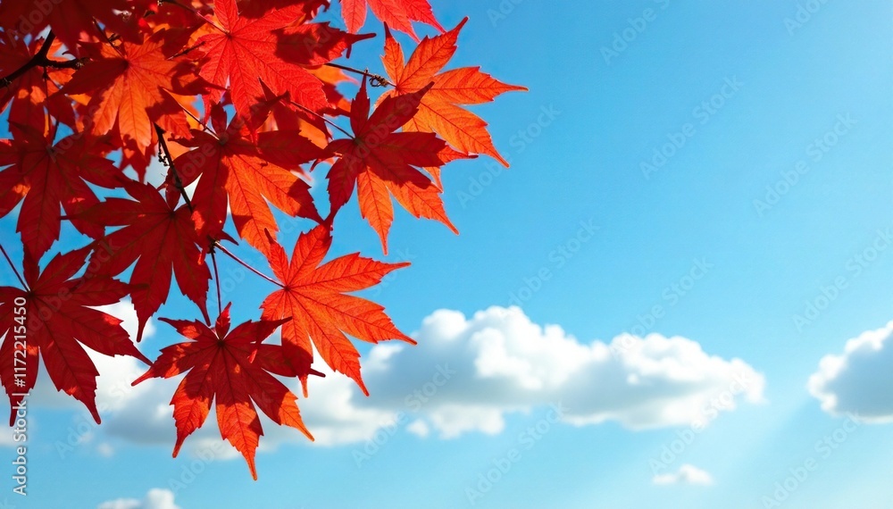 Red and gold maple leaves against a clear blue sky with fluffy clouds, red, fall, maple