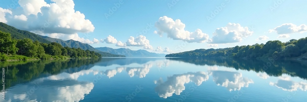 Reflections of puffy white clouds on lake surface, serene, reflection Reflections of puffy white clouds on lake surface, serene, reflection
