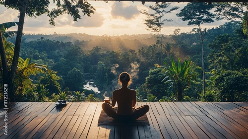 Fototapeta Naklejka Na Ścianę i Meble -  A person having tea on a wooden deck overlooking a vibrant jungle