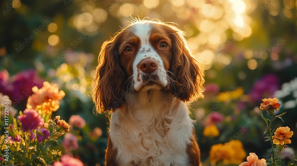Springtime dog portrait, garden bokeh Springtime dog portrait, garden bokeh