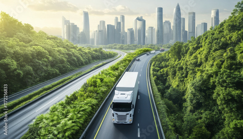 scenic view of electric trucks transporting goods along highway surrounded by lush greenery and modern city skyline. image captures harmony between nature and urban life