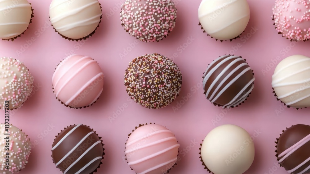 Obraz premium Indulge in a sweet symphony of luscious chocolates set against a soft pink backdrop, perfect for celebrating love on Valentine's Day.