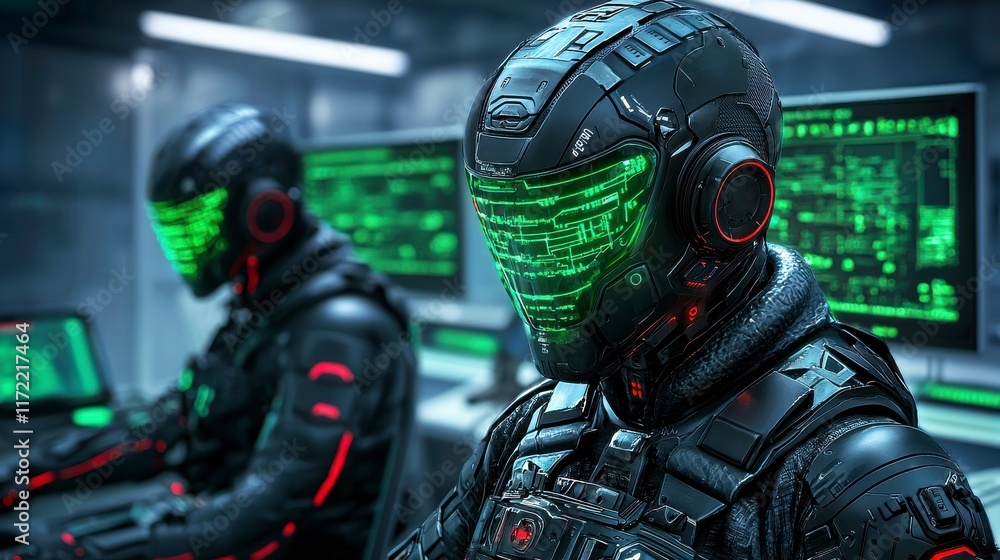 Futuristic Cybersecurity Operators in High-Tech Control Room Futuristic Cybersecurity Operators in High-Tech Control Room