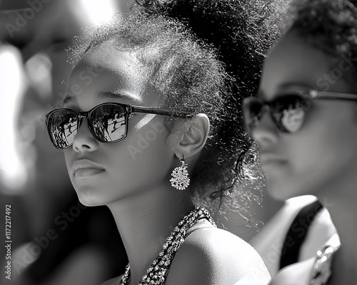 Two girls wearing sunglasses, outdoors, black and white. photo