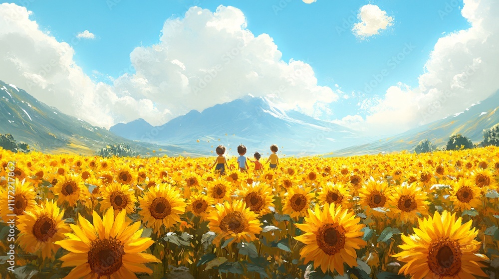 Fototapeta premium A group of kids playing hide-and-seek in a sunflower field