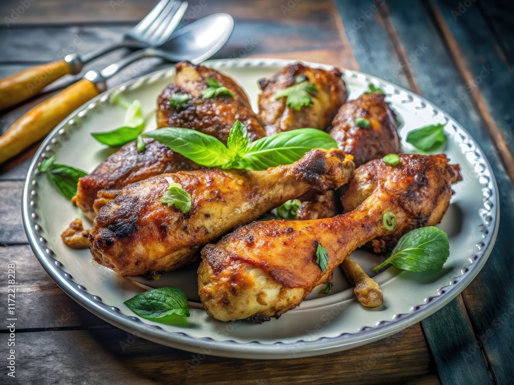 Spicy chili mint garnish brightens crispy baked chicken drumsticks; a fantastic weeknight dinner. Spicy chili mint garnish brightens crispy baked chicken drumsticks; a fantastic weeknight dinner.
