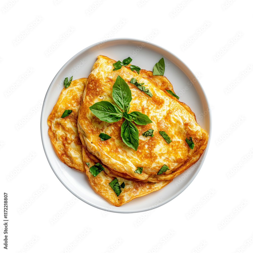 A dish featuring three golden omelettes garnished with fresh basil leaves, Isolated on white background A dish featuring three golden omelettes garnished with fresh basil leaves, Isolated on white background