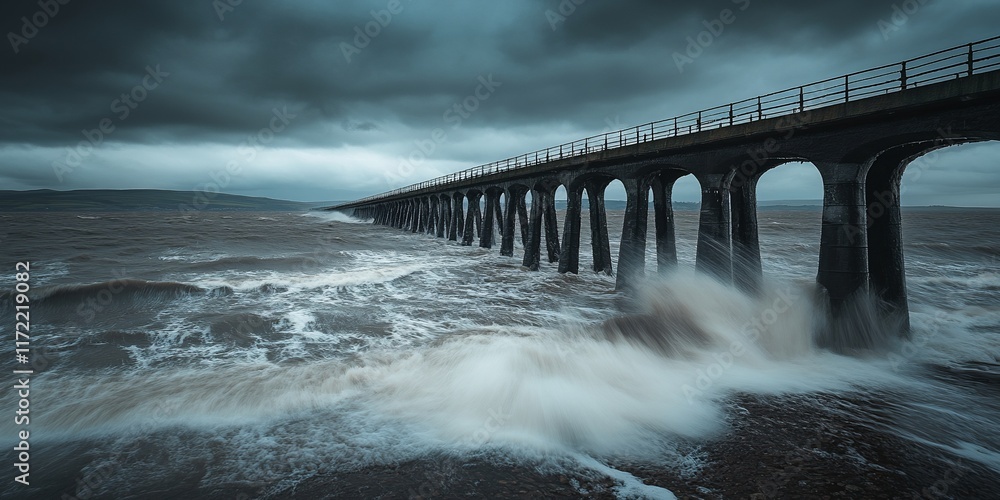 Stormy sea crashing against coastal pier Stormy sea crashing against coastal pier