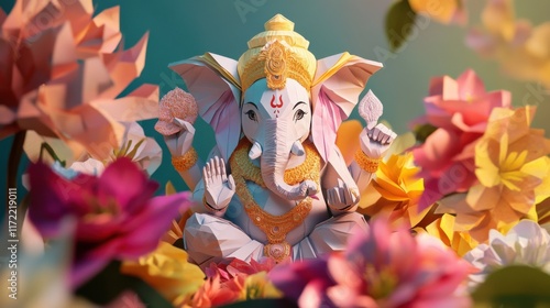 Stunning Origami Ganesha Amidst Vibrant Paper Flowers: A Festive Hindu Deity Artwork photo