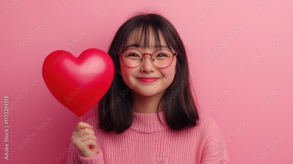 A charming girl in glasses joyfully clutches a vibrant red heart balloon, embodying the spirit of love and celebration on Valentine's Day. A charming girl in glasses joyfully clutches a vibrant red heart balloon, embodying the spirit of love and celebration on Valentine's Day.