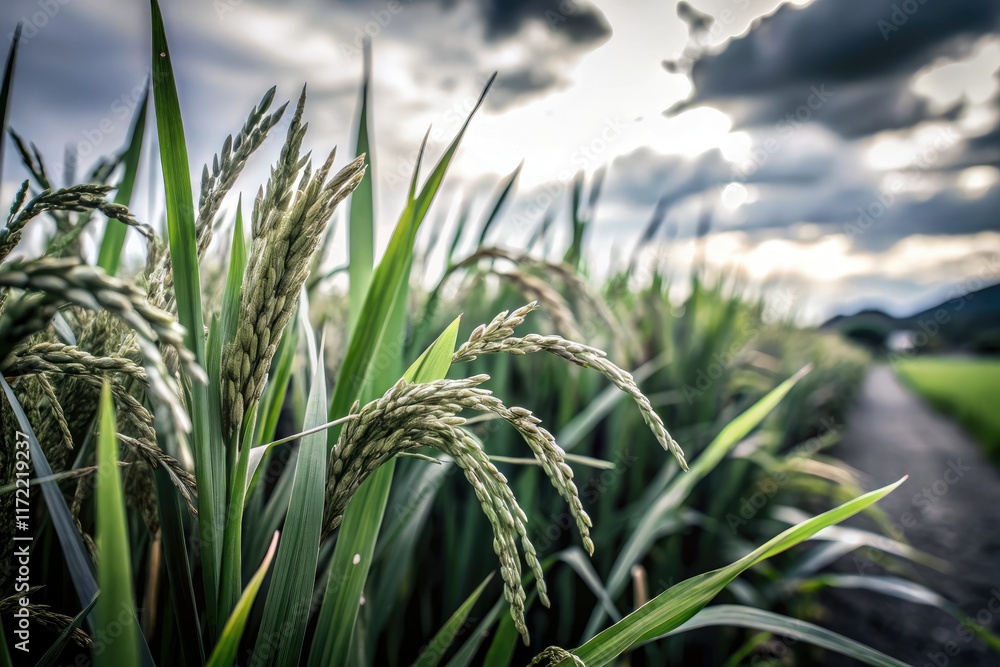 Fototapeta premium Stunning tilt-shift macro: idyllic paddy fields, rich green rice swaying beneath a clear blue sky.