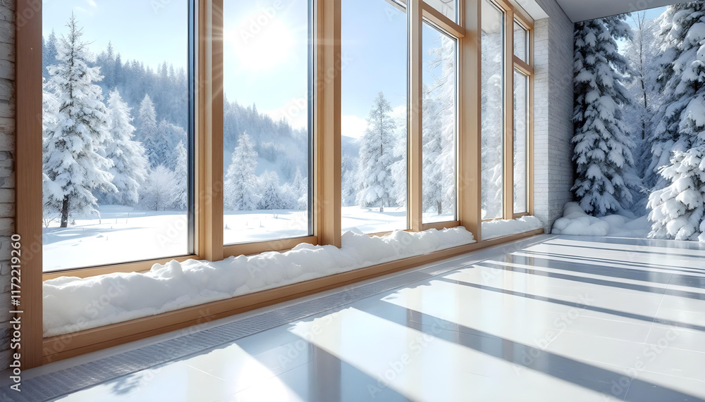 Fototapeta premium bright room windows snowy landscape