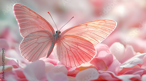 Pink butterfly on flower petals, soft floral background