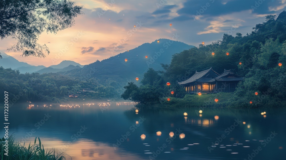 Obraz premium Serene Lakeside Pavilion Sunset With Floating Lanterns