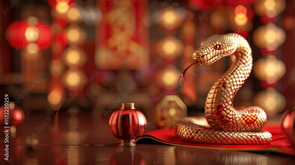 Golden Snake Figurine Surrounded by Lanterns for Lunar Celebration Golden Snake Figurine Surrounded by Lanterns for Lunar Celebration