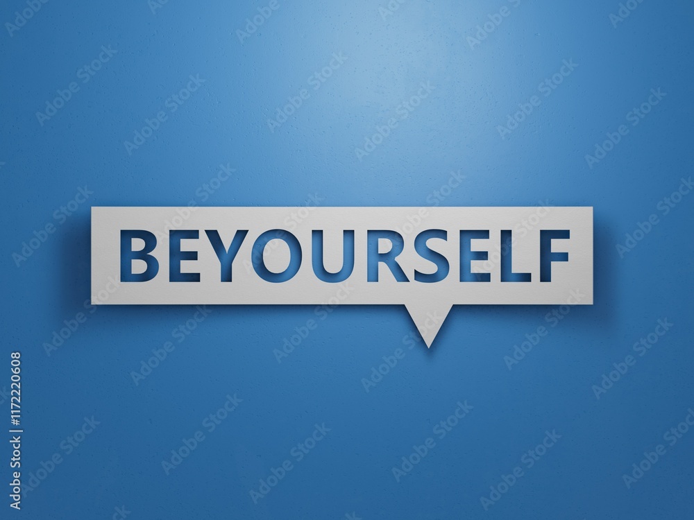 Speech Bubble with Be yourself lettering. Top view.Minimalist Abstract Design With White Cut Out Paper.3D rendering on blue background. Speech Bubble with Be yourself lettering. Top view.Minimalist Abstract Design With White Cut Out Paper.3D rendering on blue background.