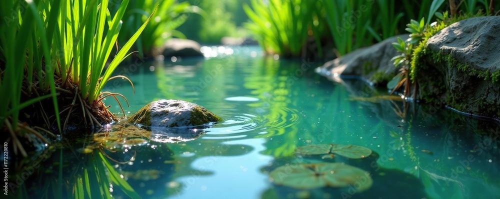 Fototapeta premium Crystal clear water flowing gently through reeds, water flow, aquatic life