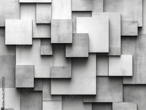 Abstract composition of overlapping gray and white geometric shapes.