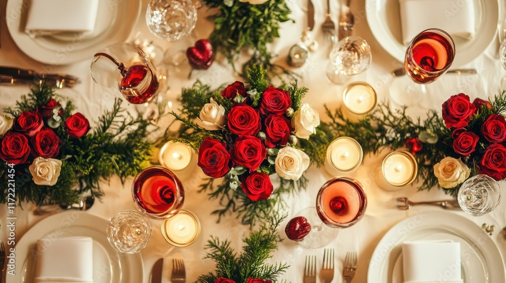 A romantic table setting glows softly with candles and vibrant roses, inviting hearts to celebrate love on this enchanting Valentine's Day. A romantic table setting glows softly with candles and vibrant roses, inviting hearts to celebrate love on this enchanting Valentine's Day.