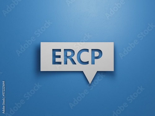 cubes with the word ercp. Care concept.Minimalist Abstract Design With White Cut Out Paper.3D rendering on blue background. photo