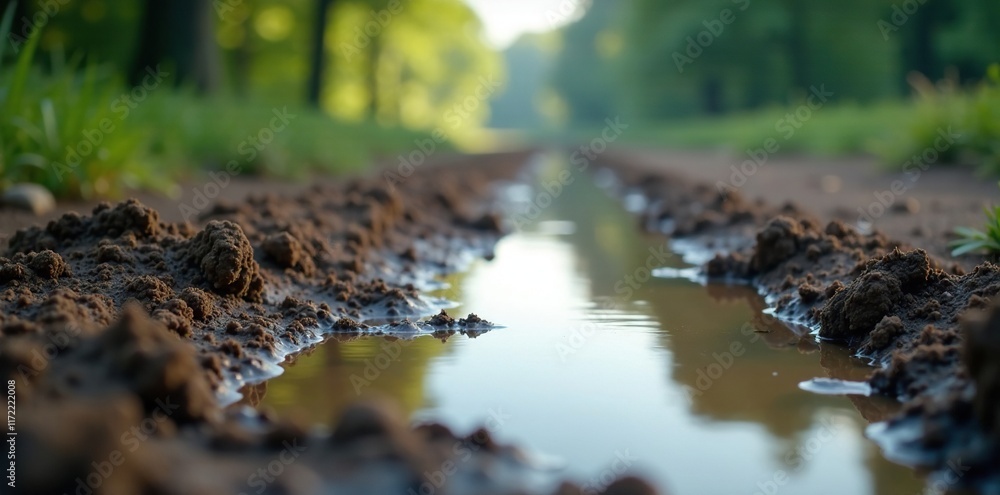 Dirt ground with murky water puddle in background, misty,