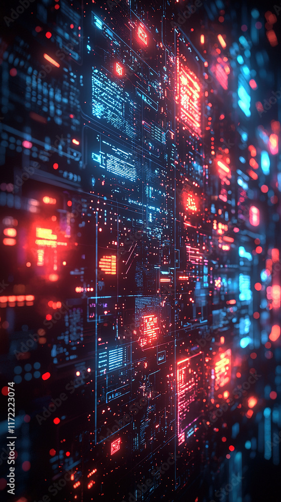 Fototapeta premium Abstract futuristic holographic interface with floating geometric icons and glowing lines in blue and purple light, set against a dark digital void, symbolizing future technology and virtual interact
