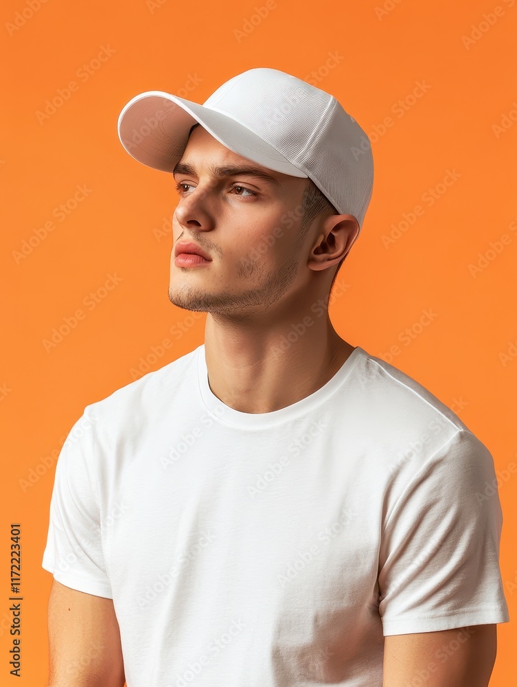 Man wearing blank white baseball hat mockup on orange background Man wearing blank white baseball hat mockup on orange background
