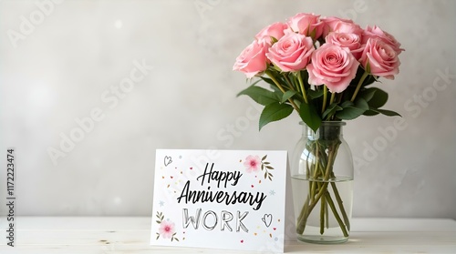 Pink Roses and Work Anniversary Card on White Wooden Table Against a Neutral Background