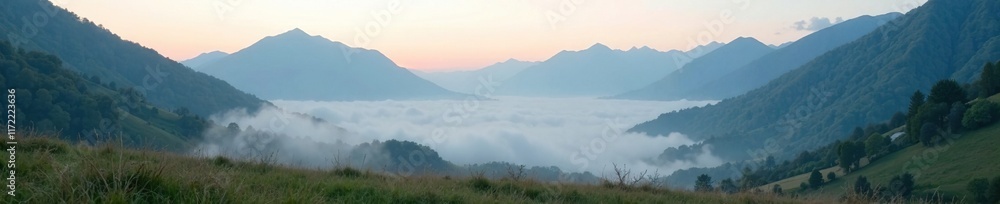 Naklejka premium Foggy morning in a valley with mountains in the background, nature, cloud