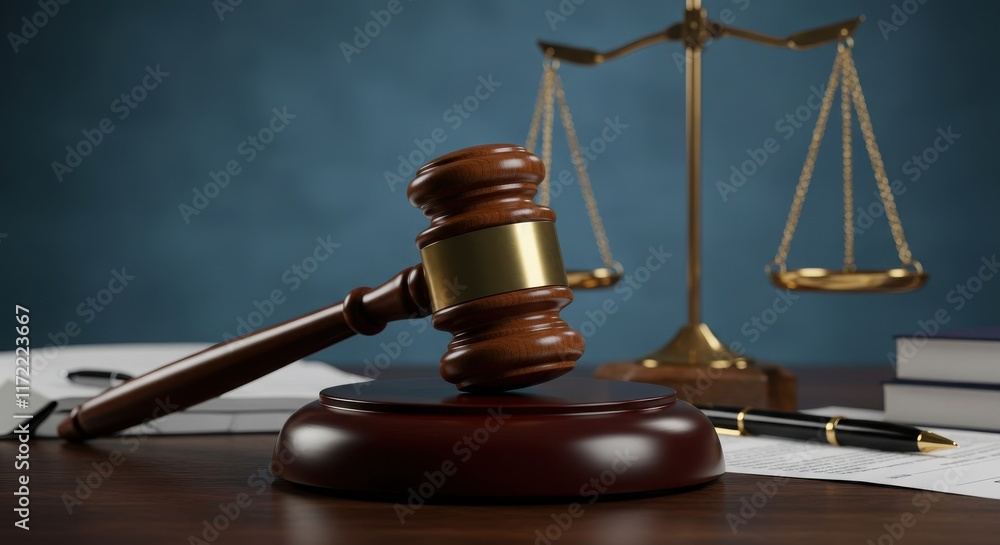 Wooden judge's gavel, legal scales of justice, legal documents, close-up photography, soft Wooden judge's gavel, legal scales of justice, legal documents, close-up photography, soft