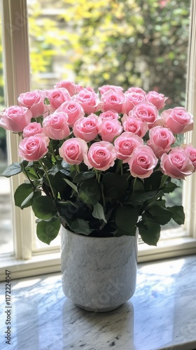 Wallpaper Mural A charming vase brimming with delicate pink roses graces a sunlit window sill, exuding romance and warmth on this special day of love. Torontodigital.ca
