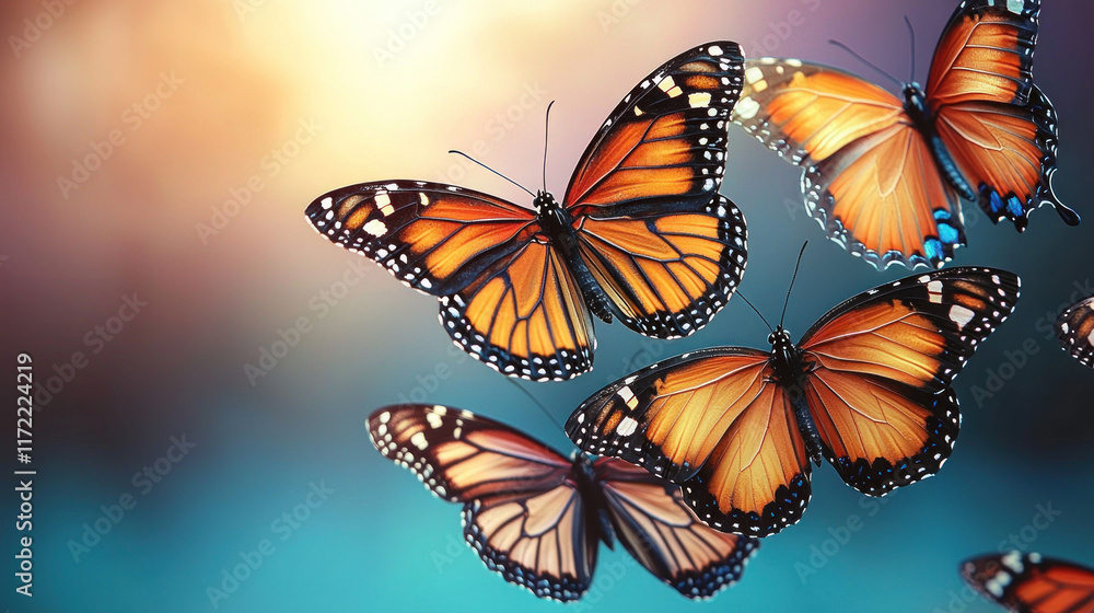 Fototapeta premium Monarch butterflies soaring at sunset in a colorful sky