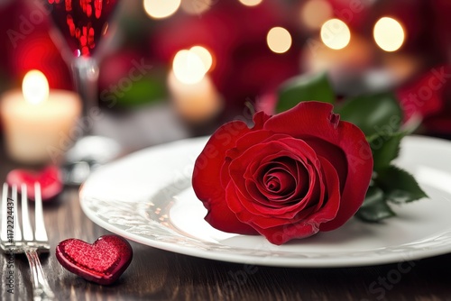 A delicate rose rests gracefully on a plate, accompanied by a rich, heart-shaped chocolate, embodying romance and sweet affection for Valentine's Day. photo