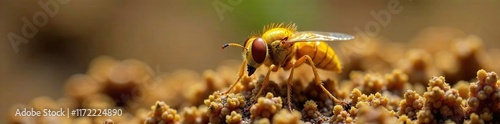 Yellow golden Scathophaga stercoraria flies around a patch of fresh sheep dung, yellow, sheep photo