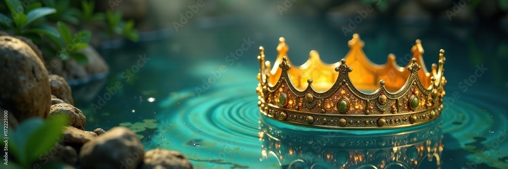 Glittering golden crown placed at the bottom of a pool with water plants, water, treasures