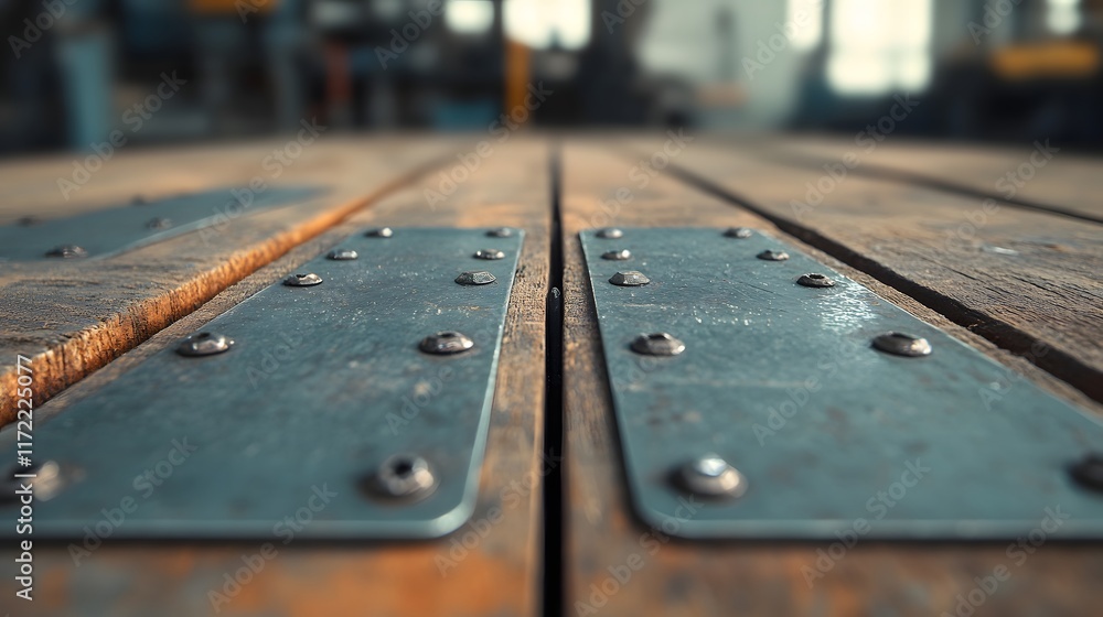 Close-Up View of Industrial Wooden Surface with Metallic Plates and Rivets in a Factory Setting, Highlighting Textures and Details in a Well-Worn Environment Close-Up View of Industrial Wooden Surface with Metallic Plates and Rivets in a Factory Setting, Highlighting Textures and Details in a Well-Worn Environment