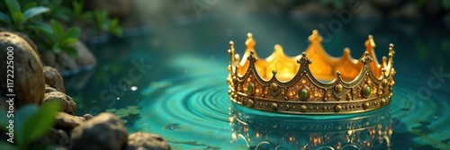 Obraz na płótnie Glittering golden crown placed at the bottom of a pool with water plants, water, treasures w salonie