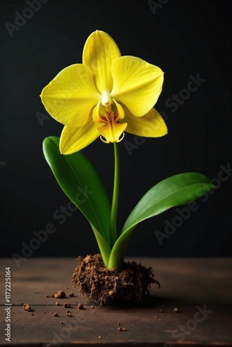 Yellow orchid stem with leaves and roots on a dark wooden table, wood, stems photo