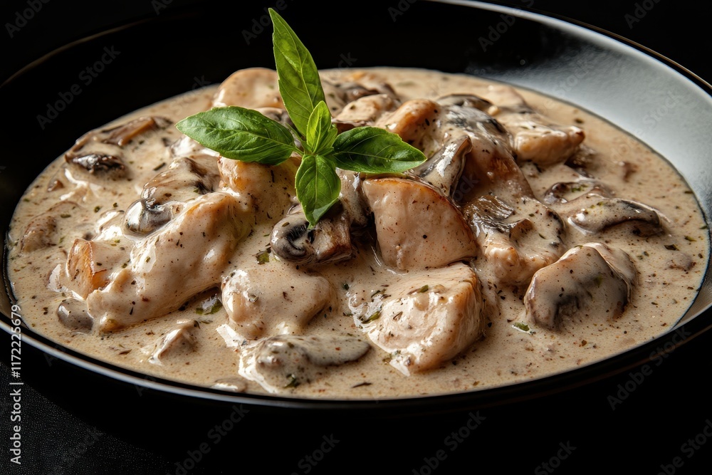 Creamy chicken and mushroom stew in a black bowl, garnished with basil. Perfect for illustrating culinary articles, restaurant menus, or food blogs. Creamy chicken and mushroom stew in a black bowl, garnished with basil. Perfect for illustrating culinary articles, restaurant menus, or food blogs.
