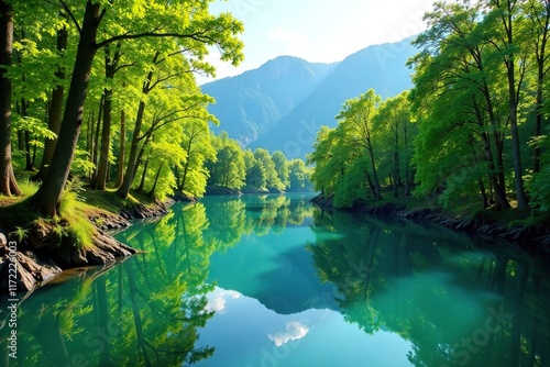 Turquoise waters reflect trees in the Kurchum River floodplain, reflection, trees, kurchum river photo