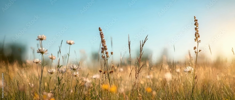 Serene Summer Meadow Wildflowers and Grasses in Golden Sunlight Serene Summer Meadow Wildflowers and Grasses in Golden Sunlight